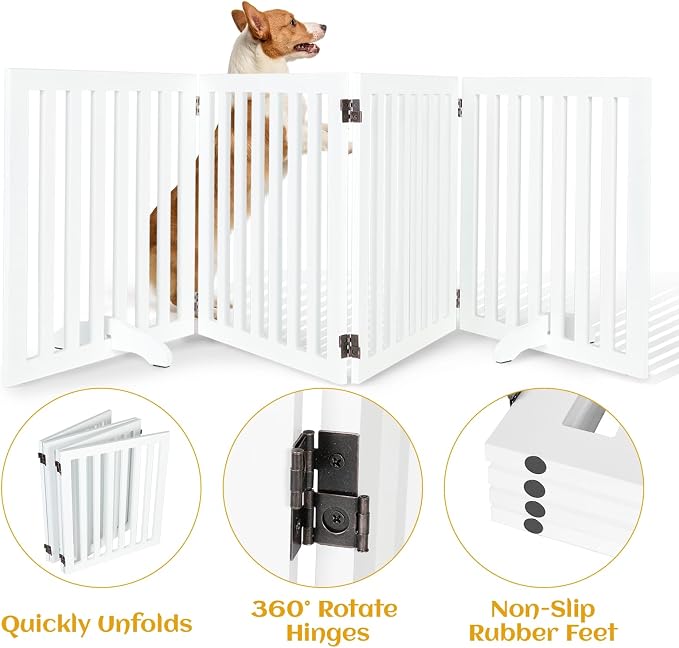 Dog Gate Indoor, 4 Panel Foldable Dog Gate with 2PCS Support Feet, 24" Height Pet Fence Wooden for House Doorways Indoor Outdoor Stairs with Rubber Pads White
