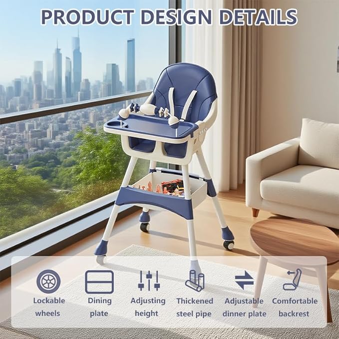 Portable Baby High Chair for Babies & Toddlers, Easy-Clean Multi-Use Feeding Chair with Lockable Wheels & Toy Storage Basket-Blue