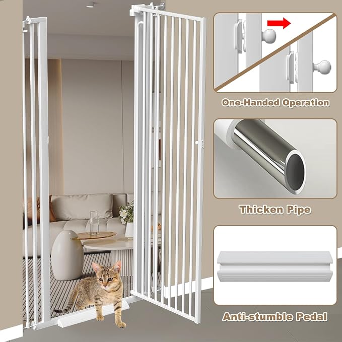 57" Extra Tall Cat Gate for Doorways, 29.5"-38.5" Tall Pet Gates for Cats Walk Through, Auto Close High Baby Gates with Door, Child Safety Gate Indoor Stairs, Cat Proof Gate for Dogs, White