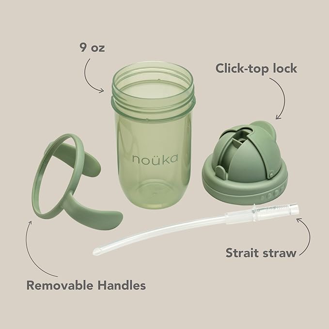 nouka Straight Straw Cup with Click Top Lid | Leak Proof and Easy Grip | Removable Handles | Wave