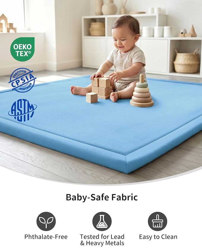 Goyuu Ultra Soft 1.3" Thick Baby Play Mat for Floor, 59x71 Playpen Mat Elasti-Foam Padded Crawling Mat for Babies, Toddlers, Infant, Kids, Non-Slip Backing Safe for Tummy Time Blue