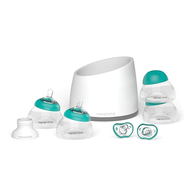 Nanobebe Breastmilk Baby Bottle Anti-Colic Starter Set with Silicone Pacifiers, Breast Pump Adapter, and Slow Flow Nipples - 5 oz - Teal/Grey