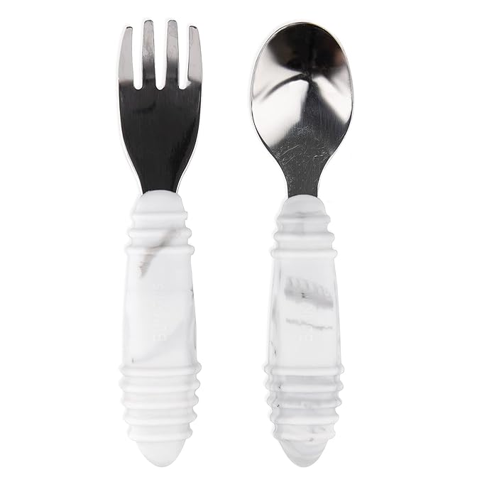 Bumkins Toddler Utensils, Kids Size Fork and Spoon Set, Silicone and Stainless-Steel Training Silverware, Angled Forks / Sporks for Self-Feeding, Children Hold Learning to Eat, 18 Months Up, Marble