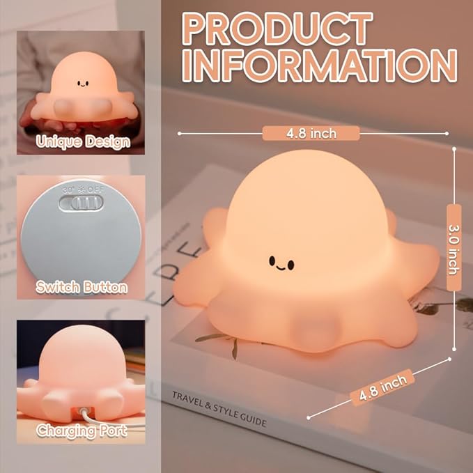 Octopus Night Light for Kids, Cute Silicone Animal Night Light, Rechargeable Tap Control Nursery Lamp with Timer, 3-Level Dimmable Squishy Bedside Lamp for Baby Girls Boys Room Decor Gift