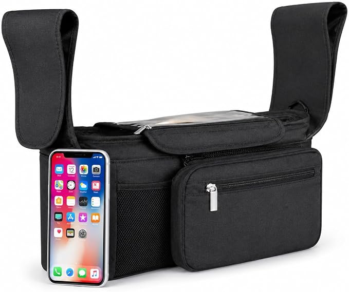 Stroller Organizer with Insulated Cup Holders and Detachable Pouch Universal Stroller Caddy Bag with Phone Pocket and Storage for Baby Essentials and Travel Accessories