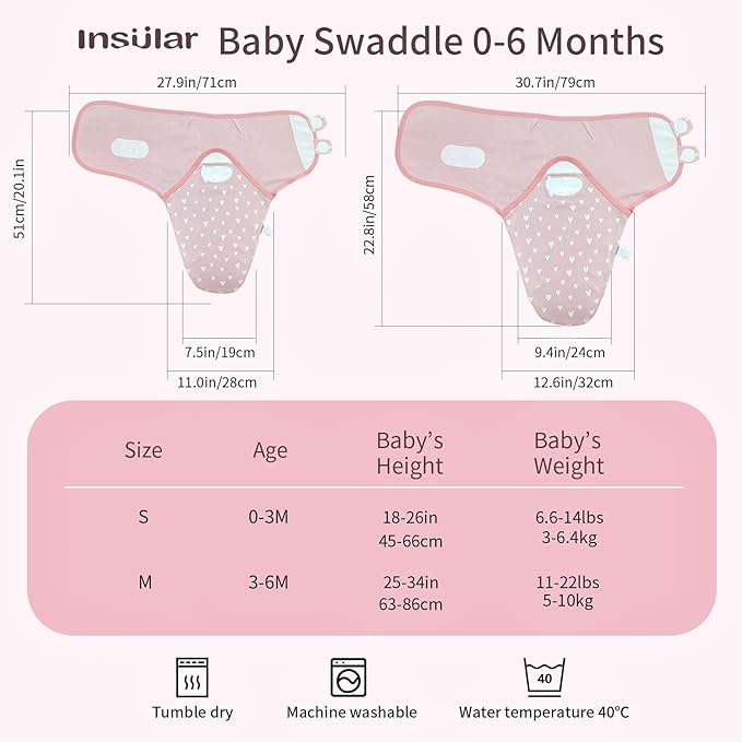 insular Baby Swaddle Wrap, Swaddle Blanket for Newborn and Infant, Adjustable Swaddling Set for Boy and Girl, Soft Cotton Baby Sleep Sack 3 Pack, Rainbow&Pink Love, Medium(3-6 Month)