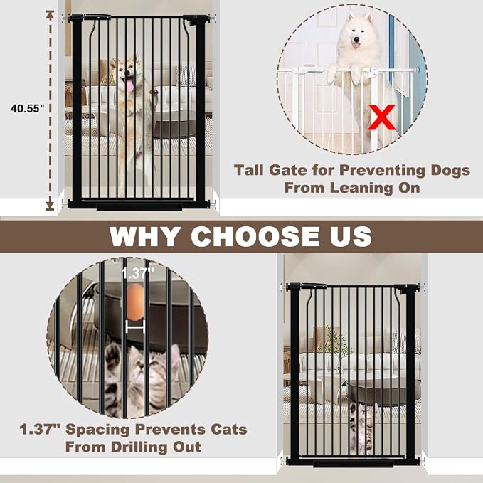 41" Extra Tall Baby Gate With Door, 40.6-54.7 In Wide Dog Gates for Doorways Stairs, Walk Through Large Pet Gate Indoor, Pressure Mounted Child Safety Gates for Kids Puppy Doggie Metal Black