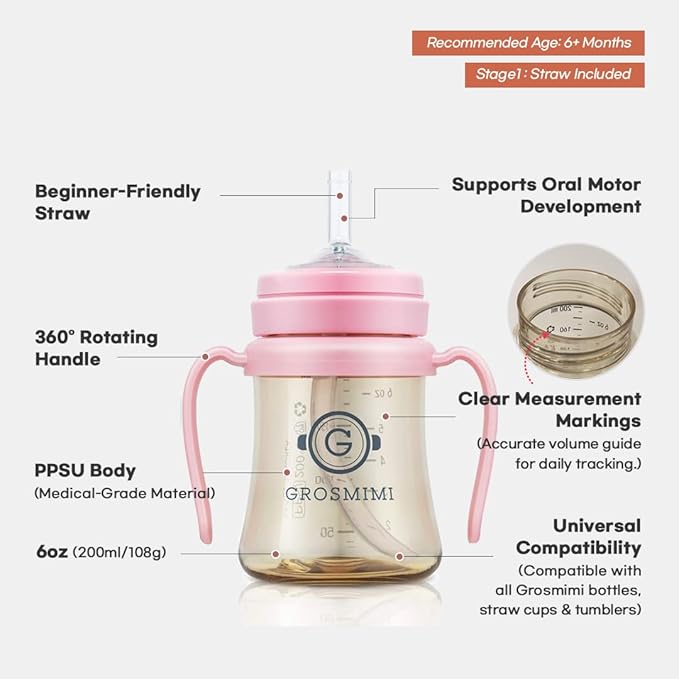GROSMIMI Spill Proof no Spill Magic Sippy Cup with Straw with Handle for Baby and Toddlers, Customizable, PPSU, BPA Free 6 oz (Peach)