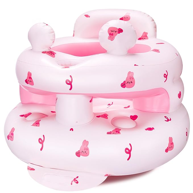 Inflatable Baby Seat for Babies 3-36 Monthsï¼?Squeaky Sound & Anti-Fall Design] Inflatable Chair with Sound-Making Ears, Baby Seat for Sitting-Up Practice, Built-in Air Pump (Pink Bunny)