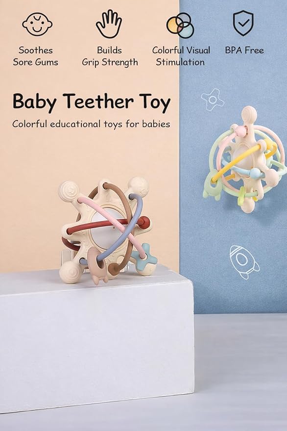 Cosmo Silicone Baby Rattle Teether ??Pastel | BPA-Free 3D Sensory Teething Toy | Multi-Textured Chewable Arms & Pullable Rings | Food Grade Silicone | Developmental Grip Toy 3-36 Months