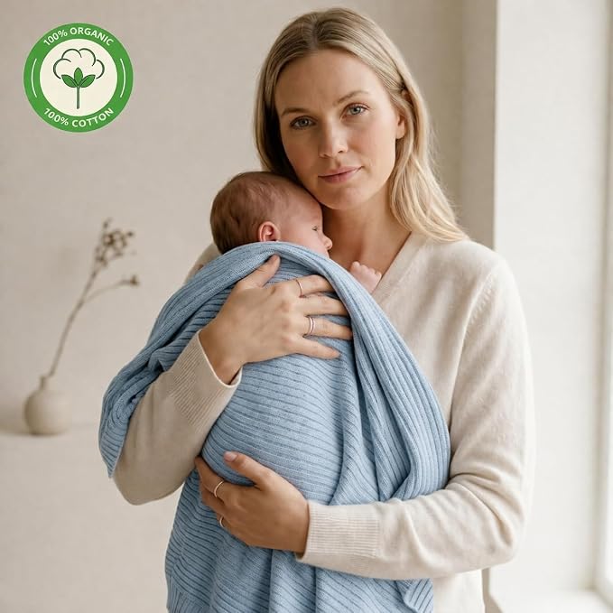 100% Organic Cotton Knit Receiving Baby Boy Blanket for Newborns - Soft, Breathable Swaddle Blanket for Crib & Stroller - Nursery Gift(Ribbed Baby Blue)