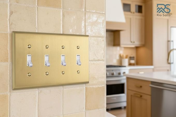 Rio Salto BRASS Signature Collection Brushed Brass Gold Metal Outlet Cover, Decorative Light Switch Cover Plate Wall Plate, Premium, Quad Toggle Flip Switch 4-Gang, 8.13" X 4.50" Standard Size