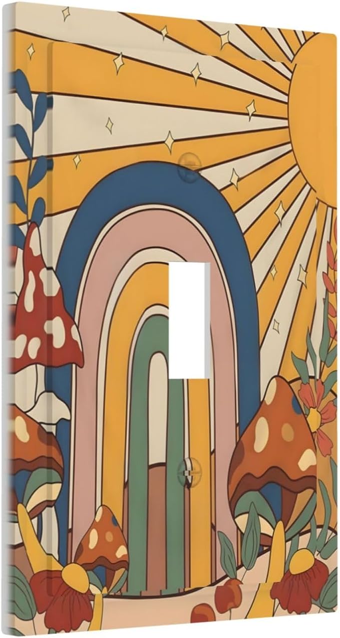 Boho Sun Rainbow Mushroom Hippie Vintage Floral Decorative Light Switch Cover 1 Gang Single Toggle Device Electrical Faceplate Switchplates Decorator Outlet Wall Plate for Kids Room Nursery Decor