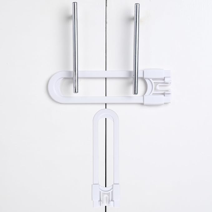 Sliding Cabinet Locks Baby Proofing ??Adjustable Child Safety Latches for Knobs & Handles ??2 Pack ??No Adhesive Drilling or Tools - White