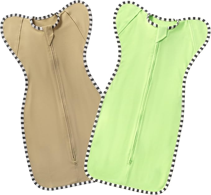 Swaddle Blanket Sack 2-Pack, 100% Cotton Baby Sleep Sack, Arms Up Design with 2-Way Zipper, Breathable Newborn Swaddle for Boys Girls (Light Green + Tan, Medium 3-6 Months)