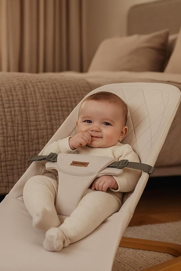 Baby Bouncer,Portable Baby Bouncer Seat & Foldable with 3 Height Adjustments, Ergonomic Bouncer for Babies 0-6 Months, Wood Grain Style, Natural Vibrations, Includes Storage Bag (Beige)