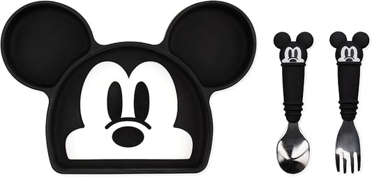 Bumkins Disney Mickey Mouse - Silicone Grip Dish, Fork & Spoon - For Ages 18 Months+ - Suction Base - 100% Food-Safe Silicone - Freezer, & Dishwasher Safe