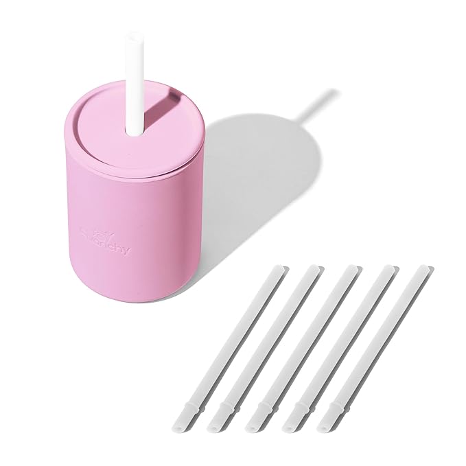 Avanchy Silicone Training Sippy Cup with Straw Lid ??Tiny Cup for Babies 6+ Months to Toddlers 1 Year Old ??5 oz Infant Water Cup for Baby Led Weaning, Pink + 5 Reusable Straws