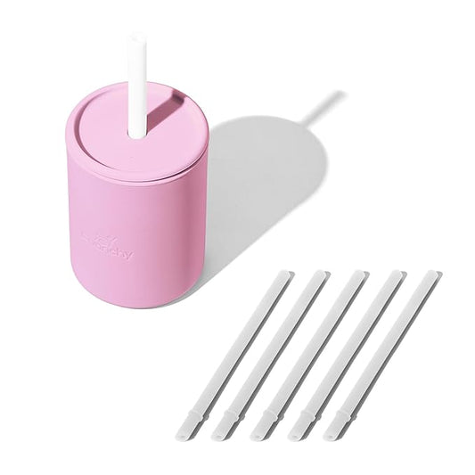 Avanchy Silicone Training Sippy Cup with Straw Lid ??Tiny Cup for Babies 6+ Months to Toddlers 1 Year Old ??5 oz Infant Water Cup for Baby Led Weaning, Pink + 5 Reusable Straws