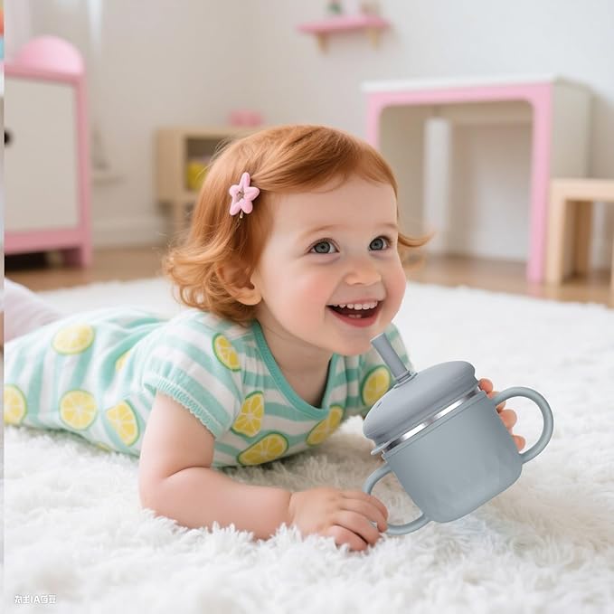 BUSOHA Stainless Steel Toddler Sippy Cup ??8oz Spill-Proof Straw Cup for 6+ Month Babies & Toddlers, 3-in-1 Reusable Travel Cup with Brush ??Dishwasher Safe, Kids Drinking Cup,Grey