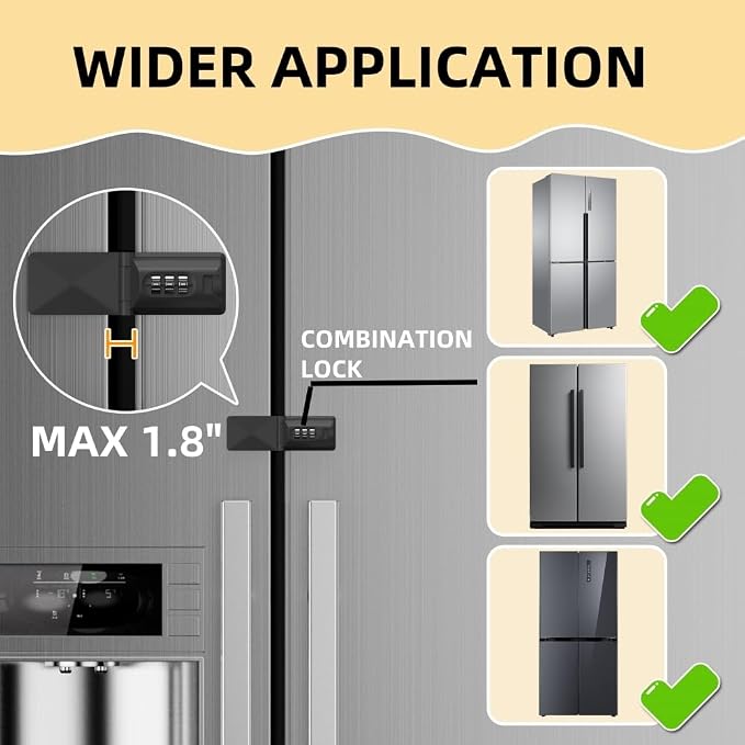 French Door Fridge Child Proof Lock Keyless Password Code Baby Safety Double Door Refrigerator/Freezer Locks for Kids, Adhesive Cabinet Cupboard Lock Easy to Install (1, Black)