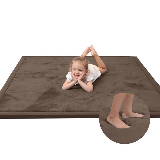 Baby Play Mat for Floor,1.3" Thick Memory foam Tummy Time Mat,Water Repellent Soft Velvet Nursery Rug,Extra Large Non Slip for Crawling,Toddlers,Infants,kids,Tatami Style for Living Room(Dark Brown)