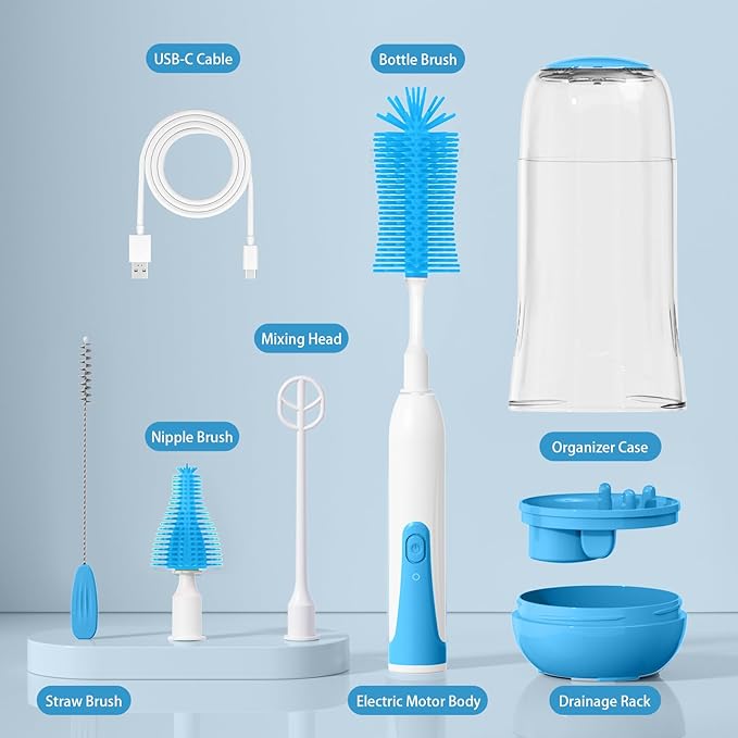Electric Bottle Brush Cleaner, Portable Rechargeable Baby Bottle Cleaner Kit for Travel with Silicone Nipple & Straw Brush, Drainage Rack, Storage Box(Sky Blue)
