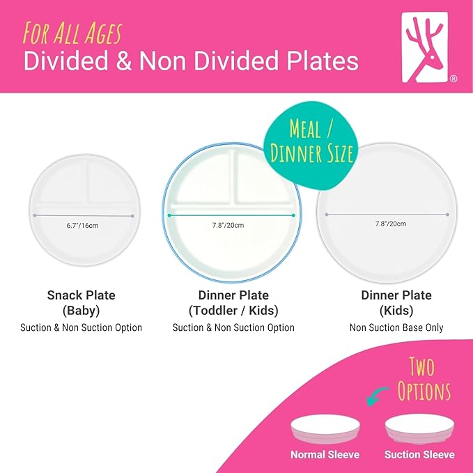 Elk and Friends Kids 7.8” Porcelain White Plates with Silicone Sleeves | Divided Plates | Suitable for Kids/Toddlers | Microwave & Dishwasher Safe | Non Slip | Snack Dishes…
