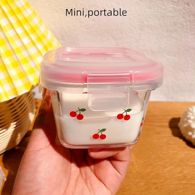 Ivymei 2 Pack Mini Square Glass Containers with lids,Small Floral Food Storage Contaiers Glass Food Jars for Food Portion,Dipping Sauce,Snack,Yogurt,Leakproof,Microwave Freezer Safe