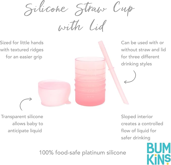 Bumkins Baby and Toddler Cups, Sippy Cup with Straw, Spill Proof, Transition Cup for Babies Ages 1 Year, Safely Sip from Lid, Straw or Cup, First Year Supplies, Platinum Silicone, Holds 7oz, Pink