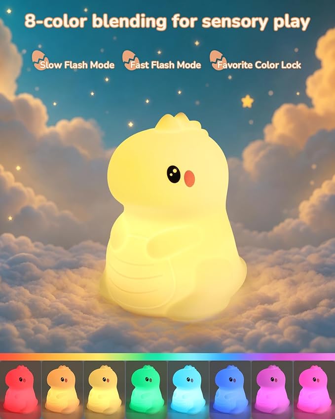 Night Light for Kids, LED Dinosaurs Squishy Animal Lamp for Baby, Soft Silicone Dimmable Bedside Touch Light with Timer, Battery Rechargeable Nightlight Boys Gifts Cute Room Decor
