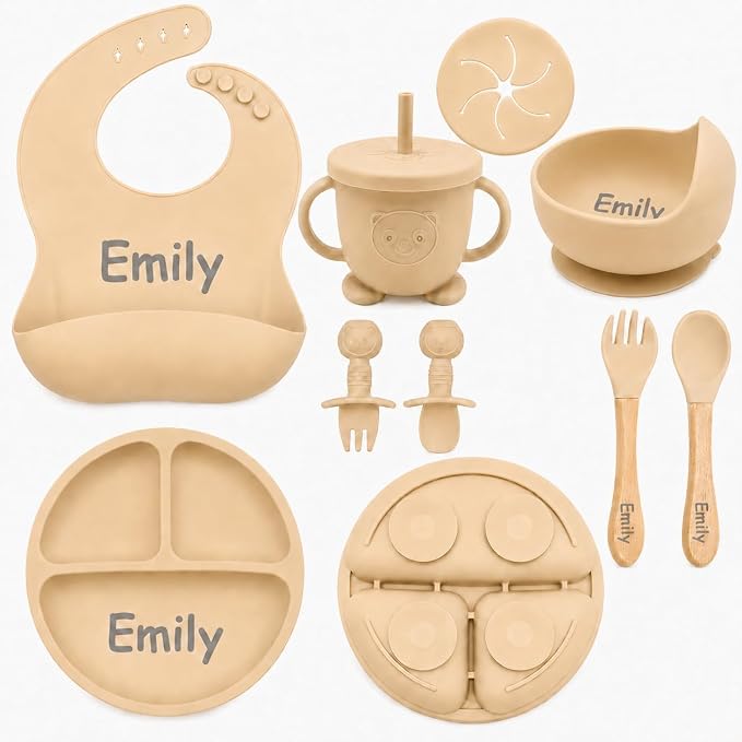 Personalized Silicone Baby Feeding Set with Engraved Name - Custom Baby Bib, Suction Plate, Bowl and Spoon - Silicone Weaning Set - Ideal First Birthday