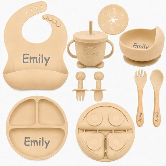 Personalized Silicone Baby Feeding Set with Engraved Name - Custom Baby Bib, Suction Plate, Bowl and Spoon - Silicone Weaning Set - Ideal First Birthday