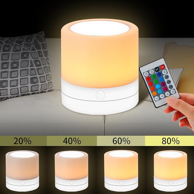Nursery Night Light for Kids, USB Rechargeable Small Desk Lamp,13 RGB Colors & 4 Brightness & 1 Remote, Touch Bedside Cordless Table Lamp, Portable Night Lamp for Bedroom Living Room (2 Pack White)