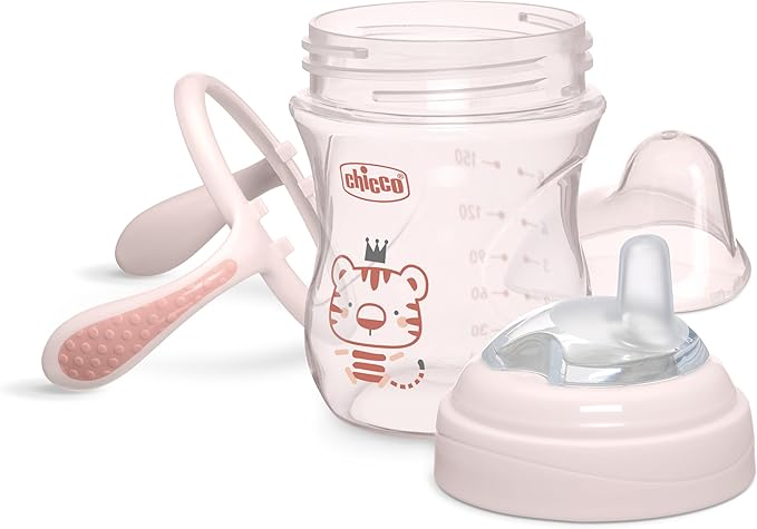Chicco Transition Sippy Cup for Babies 4+ Months, 7oz Training Cup with Soft Silicone Spout, Easy Grip Removable Handles, Measurement Markings, BPA Free, Blush