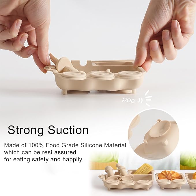 Baby Suction Plate Silicone, 5 Piece Baby Feeding Set - Non Slip Unique Trains Toddler Plates with Fork Spoon, Kids Baby Weaning Plate for No More Meal Time Mess (Beige)