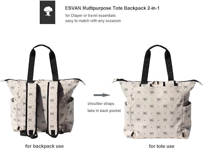 ESVAN Diaper Tote Bag Totepack Backpack 2 in 1 for Women Multifunctional Large Capacity with Insulated Pockets Travel | Multifunctional