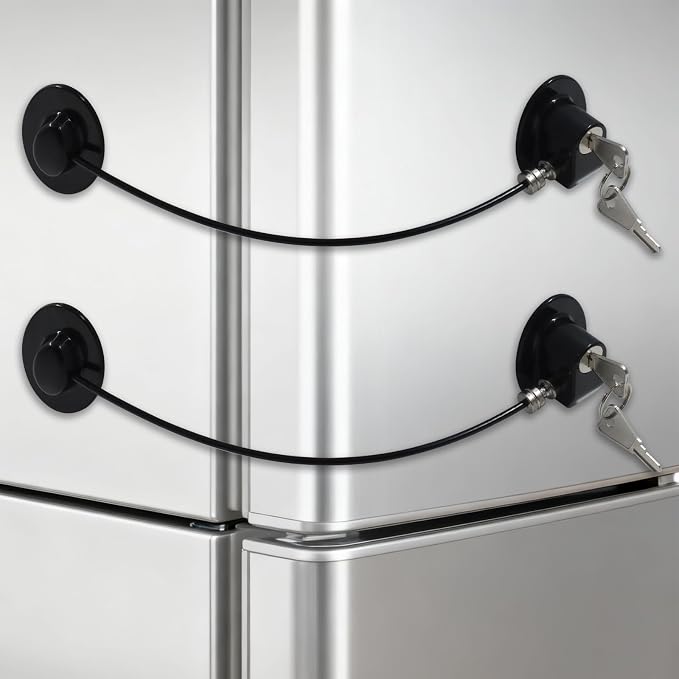Refrigerator Lock, 4 Pack Child Safety Lock Set, ABS Plastic Construction with Strong Adhesive, Secure Fastening for Fridge, Cabinet, Drawer and Toilet Seat, Black