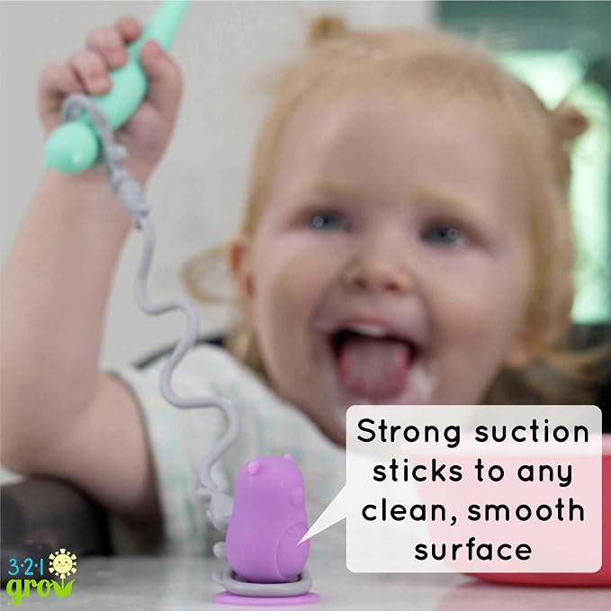 • Easy Learn Baby Spoon & Tether Set • Baby Spoon with Tether for Babies and Toddlers • Keeps Spoon Off Floor • Ages 6 mo+ • Dishwasher Safe (Bear, Plum)
