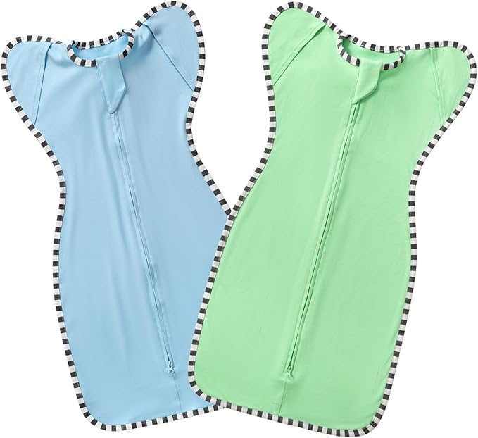 Transitional Baby Sleep Sack 2-Pack, 100% Cotton Newborn Wearable Blanket, Arms Up Design with 2-Way Zipper, Breathable Swaddle for Infants Boys Girls (Green + Blue, Large 6-9 Months)