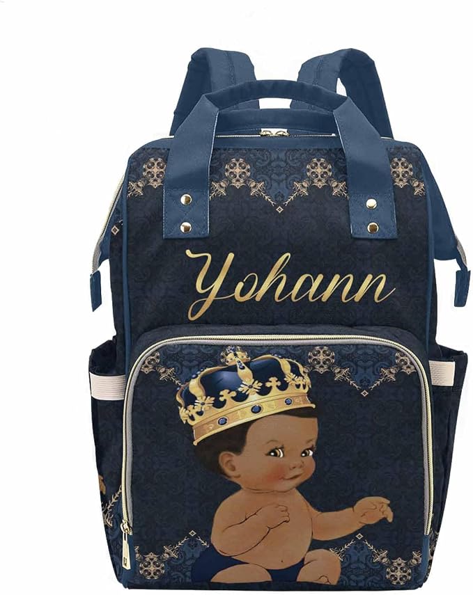 M YESCUSTOM Personalized Baby Diaper Bags for Women Men, Custom Blue Black Prince Backpack Customized Nappy Mommy Bag Backpack for Son Daughter Travel, Camping, Hiking Picnic