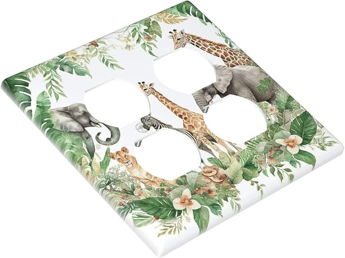 Tropical Leves Safari Animals Giraffe Elephant Zoo Outlet Covers 2 Gang Double Duplex Decorative Light Switch Covers Electrical Wallplates Socket Faceplate for Kids Room Nursery Decor