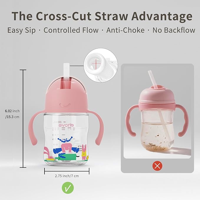 Evorie Tritan Weighted Straw Sippy Cup with Handles for Baby and Toddlers, Spill Proof Baby Water Bottle with Straw for 6 Months and up, 7 Oz, Infant Training Water Bottle (Pink Fairy Tale)