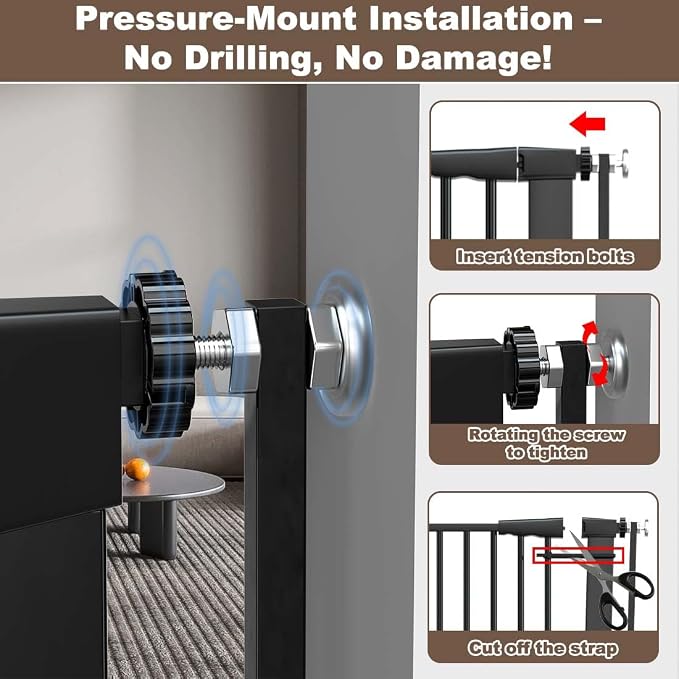 Fairy Baby 51.1" Extra Tall Pet Gates, 48.5"-56.2" Extra Wide Baby Gate for Doorways Hallway Kitchen, Tall Cat Safety Gate Pressure Mounted, Walk Thru Auto Close Metal Dog Gate, Narrow Spacing, Black