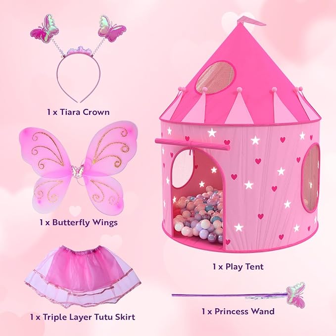 Playz Princess Castle Pop Up Tent & Dress Up Set ??Kids Pink Playhouse Tent for Girls with Glow in The Dark Stars, Foldable Indoor Outdoor Toddler or Baby Girl Tent with Carrying Case