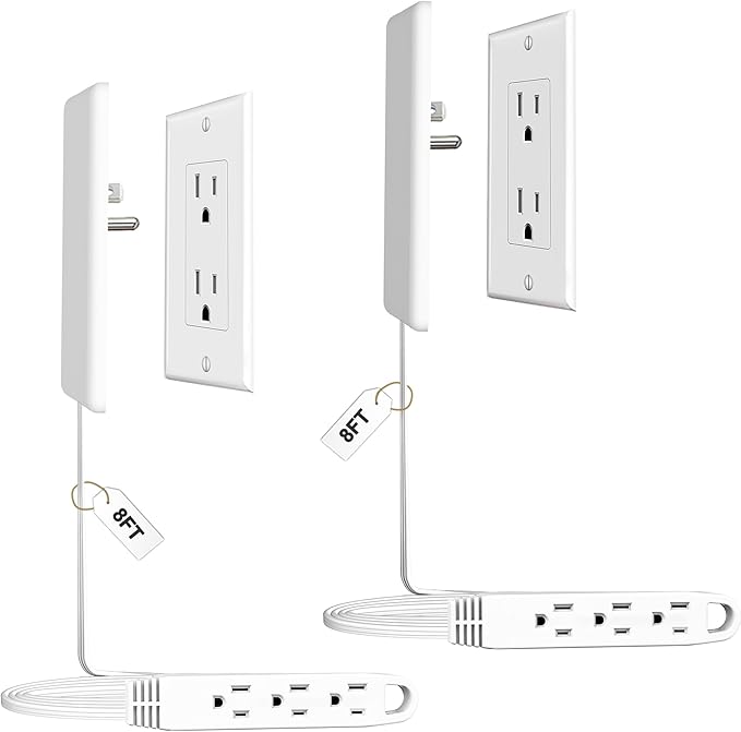 CABOCASA 2 Pack 8FT Ultra Flat Plug Extension Cord Power Strip with 3 Outlets, Patented Detachable Ultra-Thin Outlet Cover Concealer & Ultra-Flat Plug, Max. 13A 125V 1625W ETL Listed, White Color