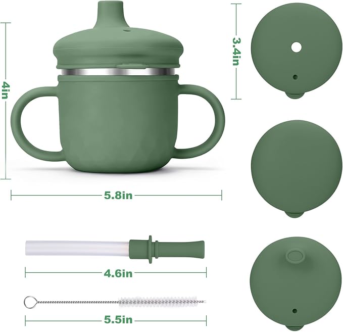 BUSOHA Stainless Steel Toddler Sippy Cup ??8oz Spill-Proof Straw Cup for 6+ Month Babies & Toddlers, 3-in-1 Reusable Travel Cup with Brush ??Dishwasher Safe, Kids Drinking Cup,Dark Green