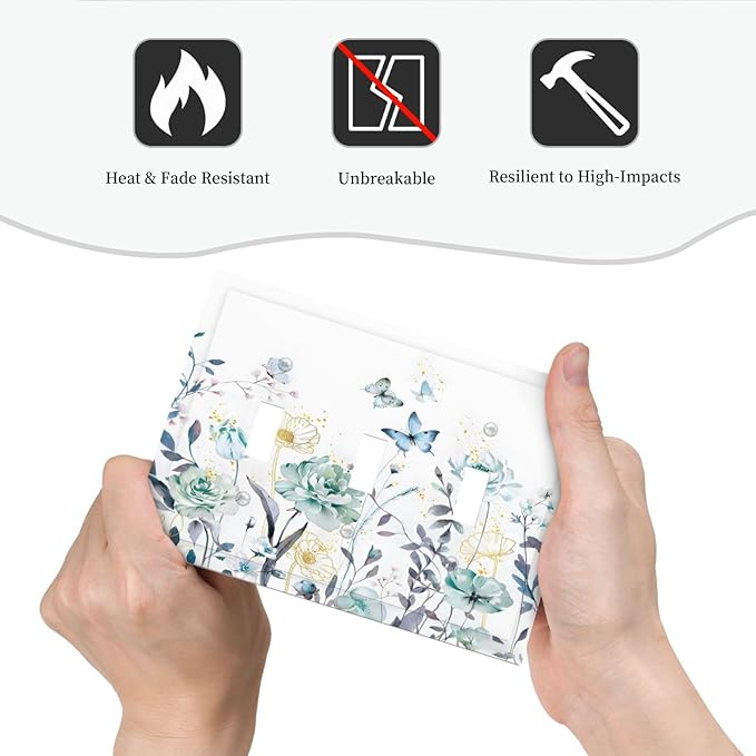 Romantic Floral Butterfly Leaf Flower Golden Pollen Decorative Switch Plates 3 Gang Wall Plate Triple Toggle Light Switch Cover Faceplate Electrical Wall Panels for Bedroom Living Room Decor