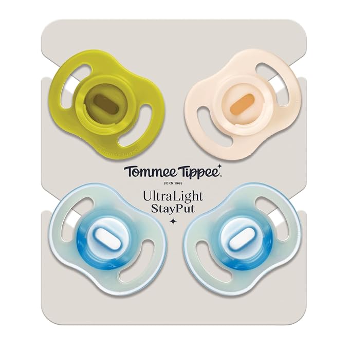 Tommee Tippee Stay Put Pacifier Set, Contains 2 Ultra-Light StayPut Glow in the Dark Pacifiers and 2 Ultra-Light StayPut Pacifiers, 6-18 Months, Colors May Vary, One-Piece Silicone Design, Pack of 4