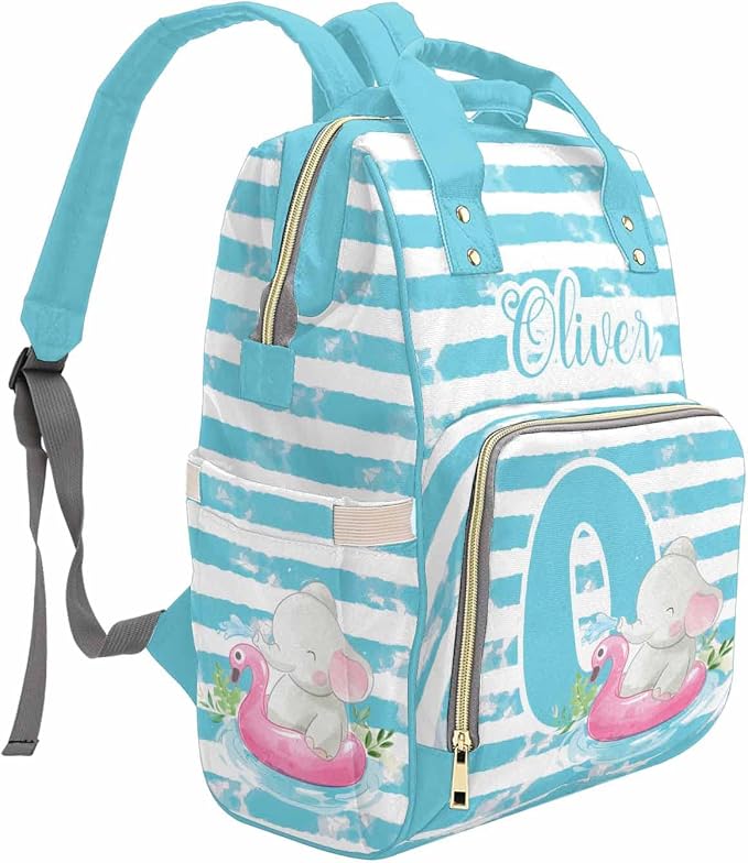 M YESCUSTOM Custom Name & Letter Diaper Bag Personalized Blue and White Stripes Mommy Bag Backpack Customized Baby Bag with Cute Animal
